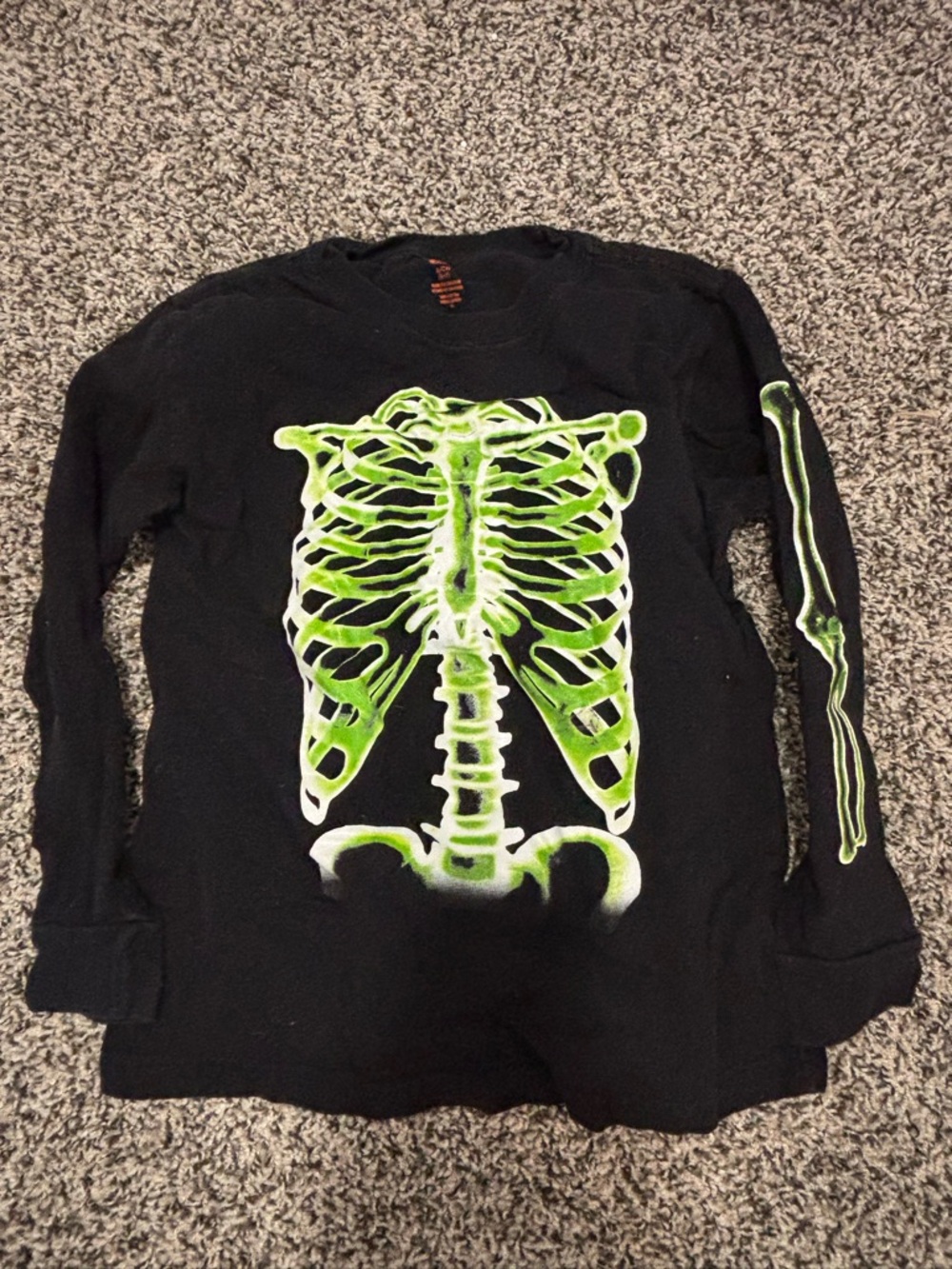 Kids Black Long-Sleeve Tee with Neon Green Skeleton Print